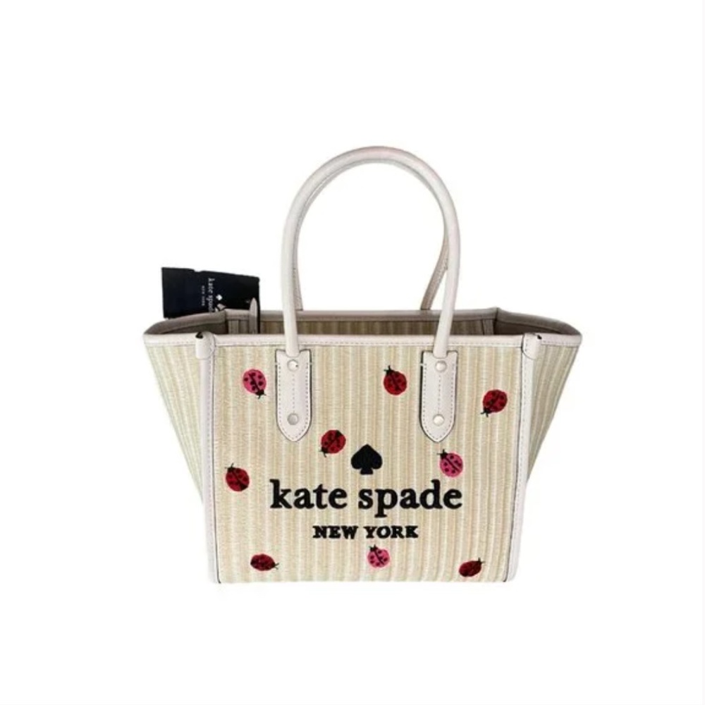 Kate Spade Ella Dottie Ladybug Embroidered Straw/Leather Small Tote (Rare, NWT) - Picture 3 of 9